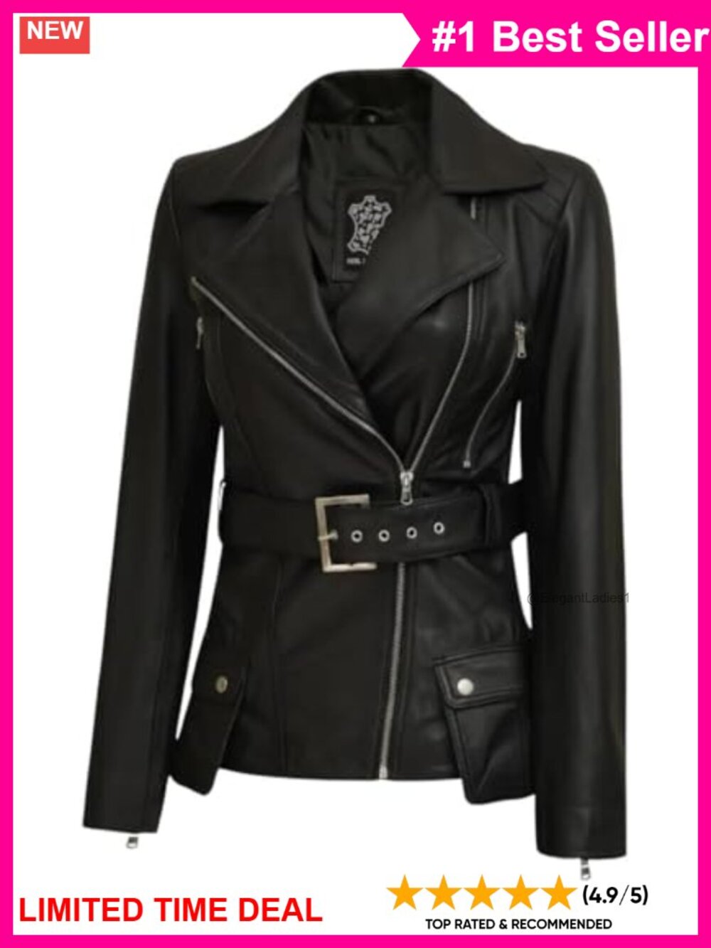 Women's Real Lambskin Asymmetrical Belted Moto Jacket Mid-Length